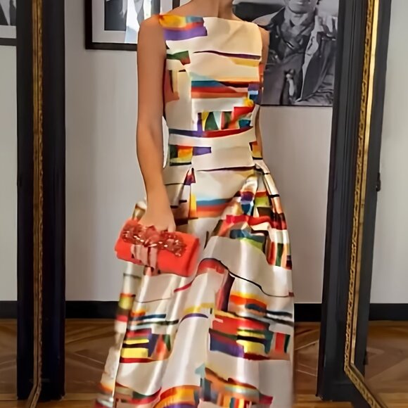 Dresses & Skirts - Elegant Boho Geometric Printed Maxi Dress - Boat Neck Sleeveless Backless
